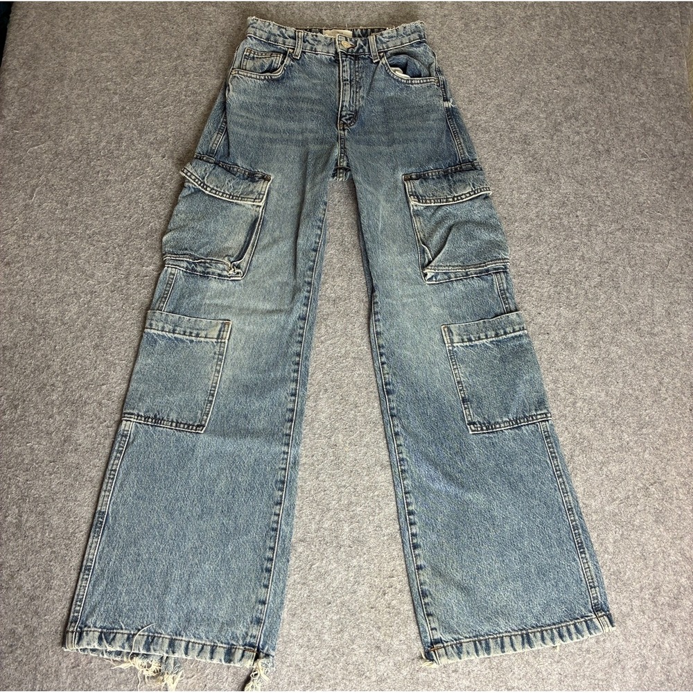 Cotton On Women's 25x31 Cargo Wide Leg Jeans Blue Wash High Rise Utility Denim